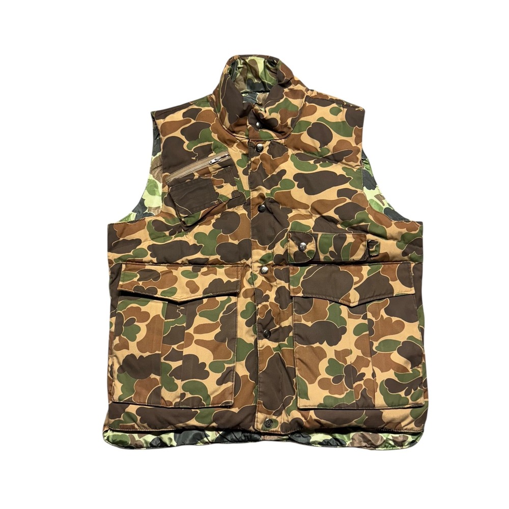 Vintage 80s Camel Goose Down Reversible Duck Camo Puffer Hunting Vest XL Outdoor